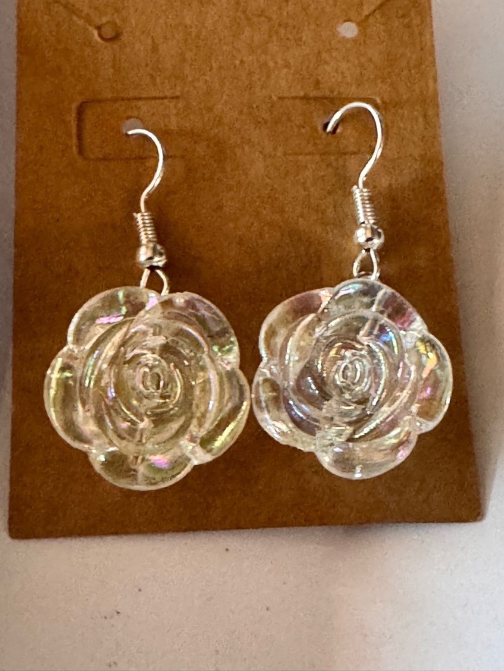 NWOT handmade iridescent acrylic rose dangle earrings fish-hook wires